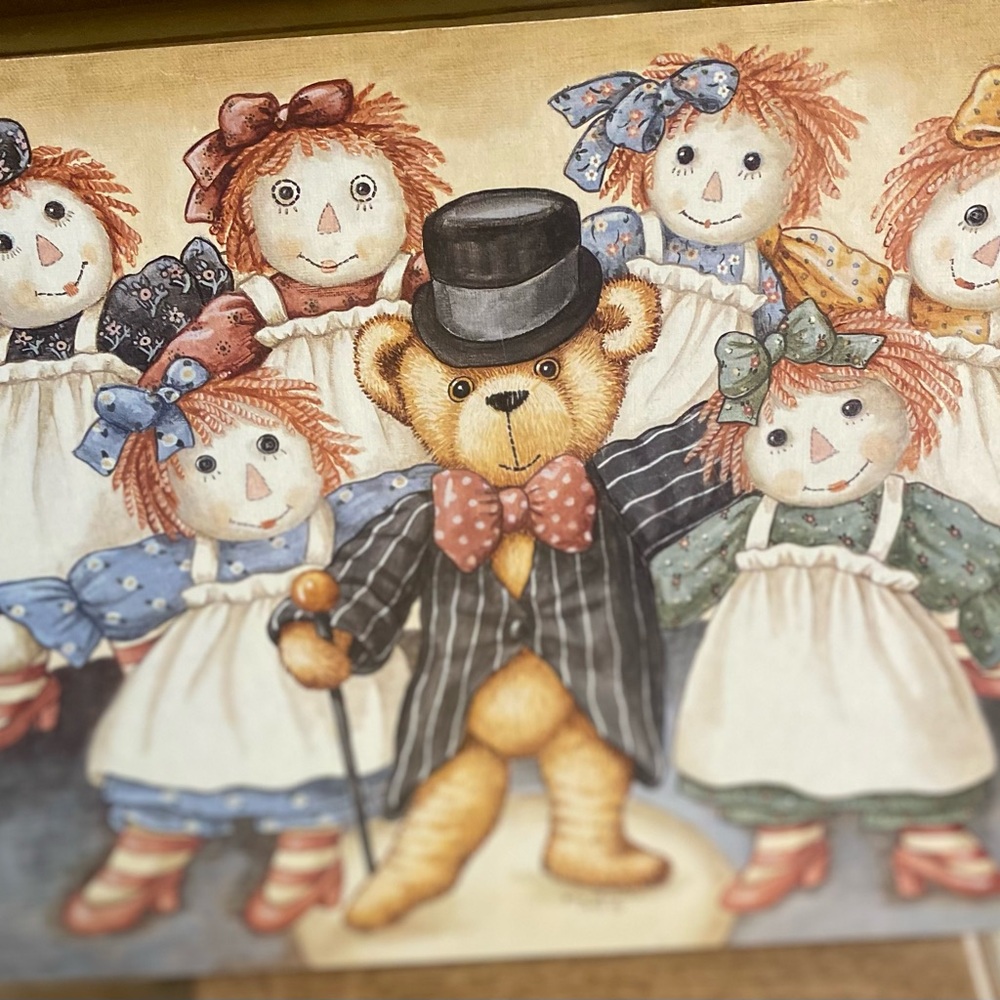 Rare “Nita Showers” 1993 Teddy Bear & Rag Doll Nursery Print - on hardboard